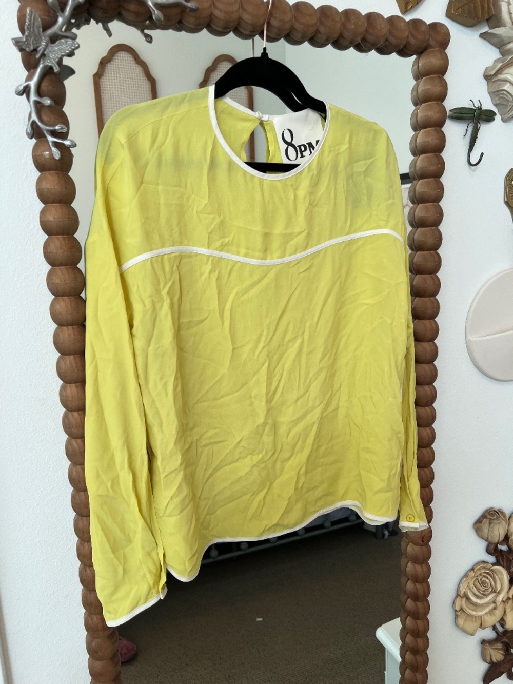 8PM Yellow Silk Blend Blouse White Piping Size S NWT